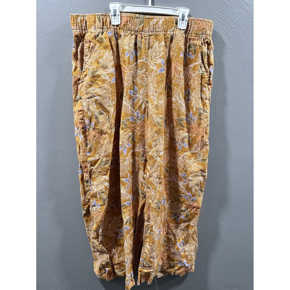 Cynthia Rowley Linen Pants Womens XL Mustard Yellow Floral Leaf Print Cropped